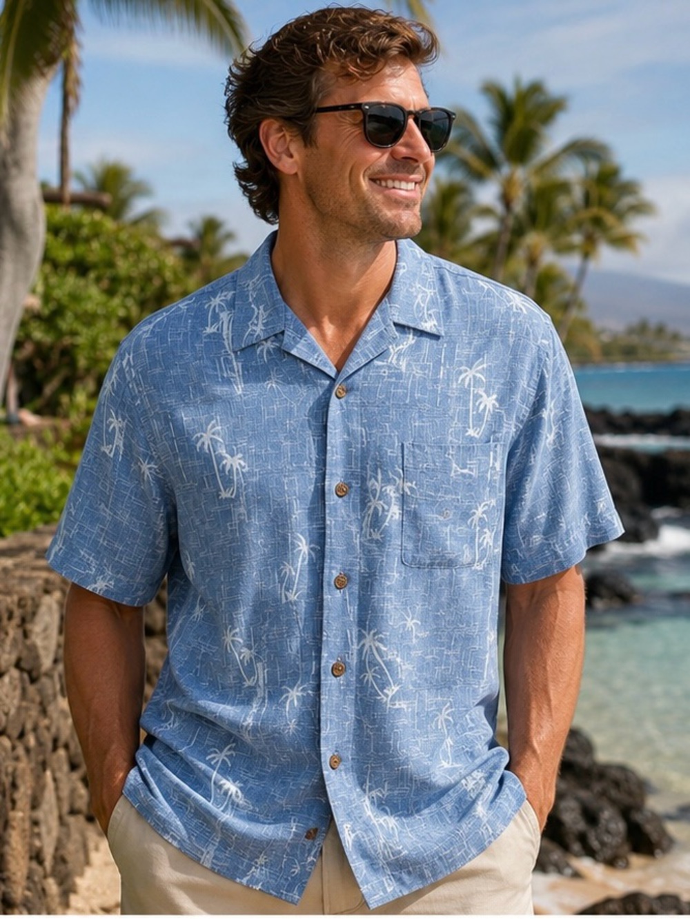 Caribbean 100% Silk Blue Palm Tree Hawaiian Camp Shirt Size Large